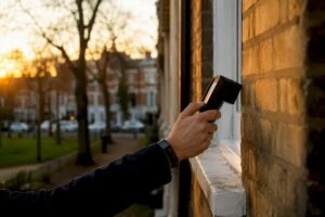 Energy assessor scanning house wall insulation