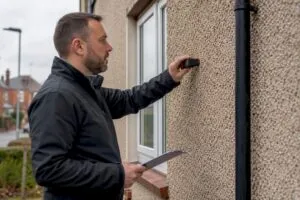 Energy assessor measuring home exterior