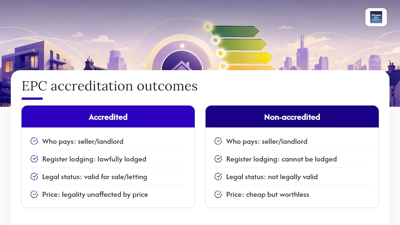 Diagram comparing accredited vs non-accredited EPC assessors’ legal validity