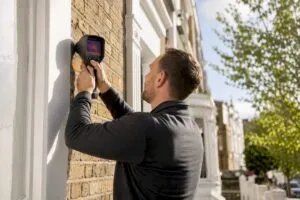 Energy assessor measuring property wall exterior