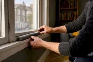 Hands fitting draught excluder in home hallway