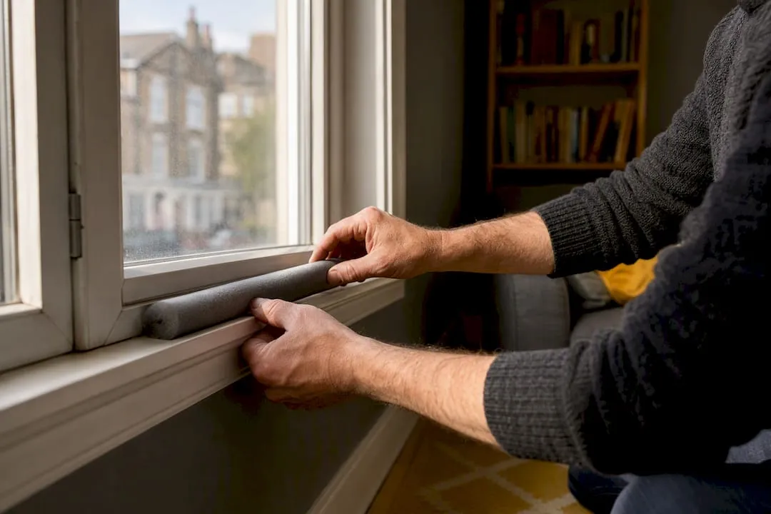 Hands fitting draught excluder in home hallway