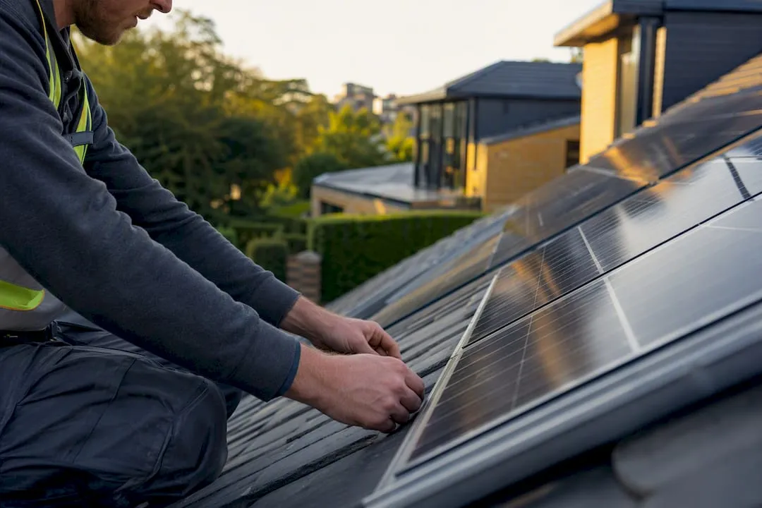 Assessor inspecting solar panels on roof