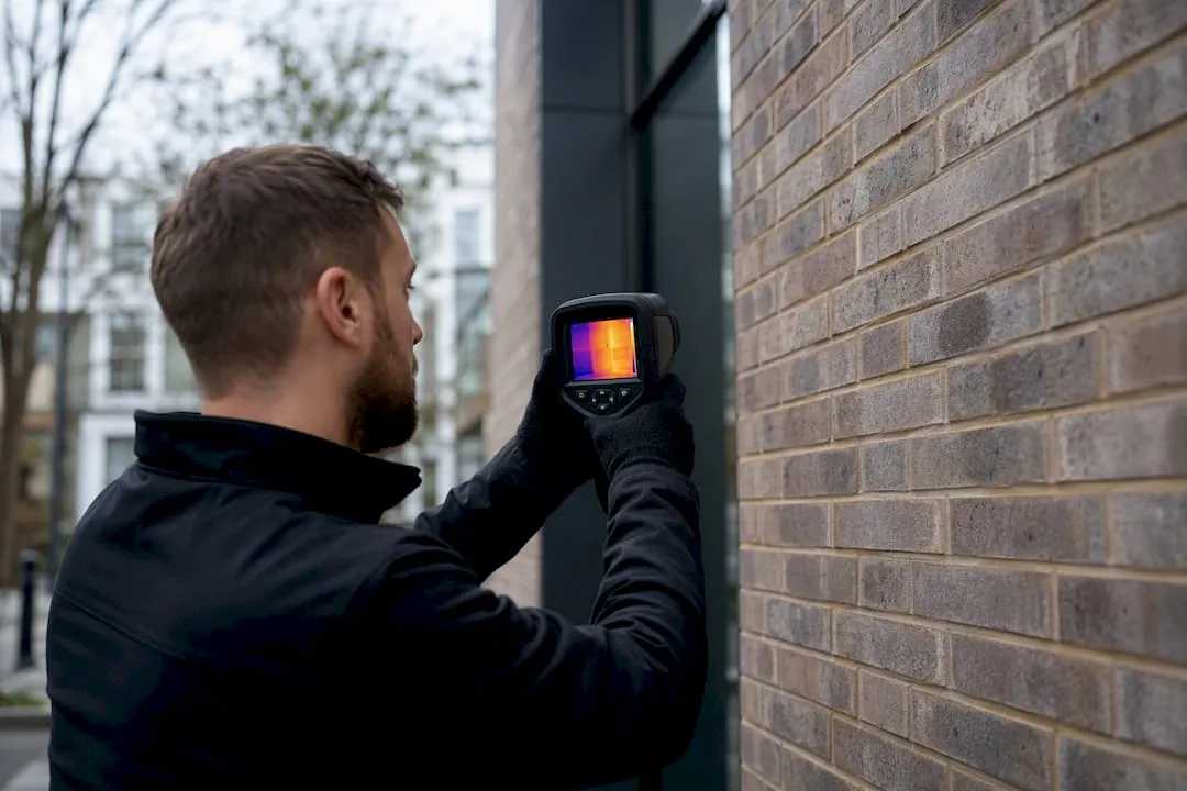 Energy assessor measuring residential wall insulation