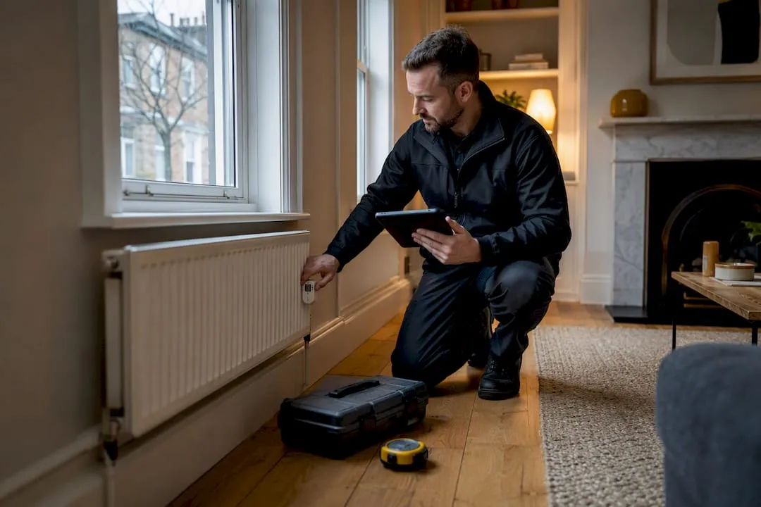 Assessor checking heating controls in London home
