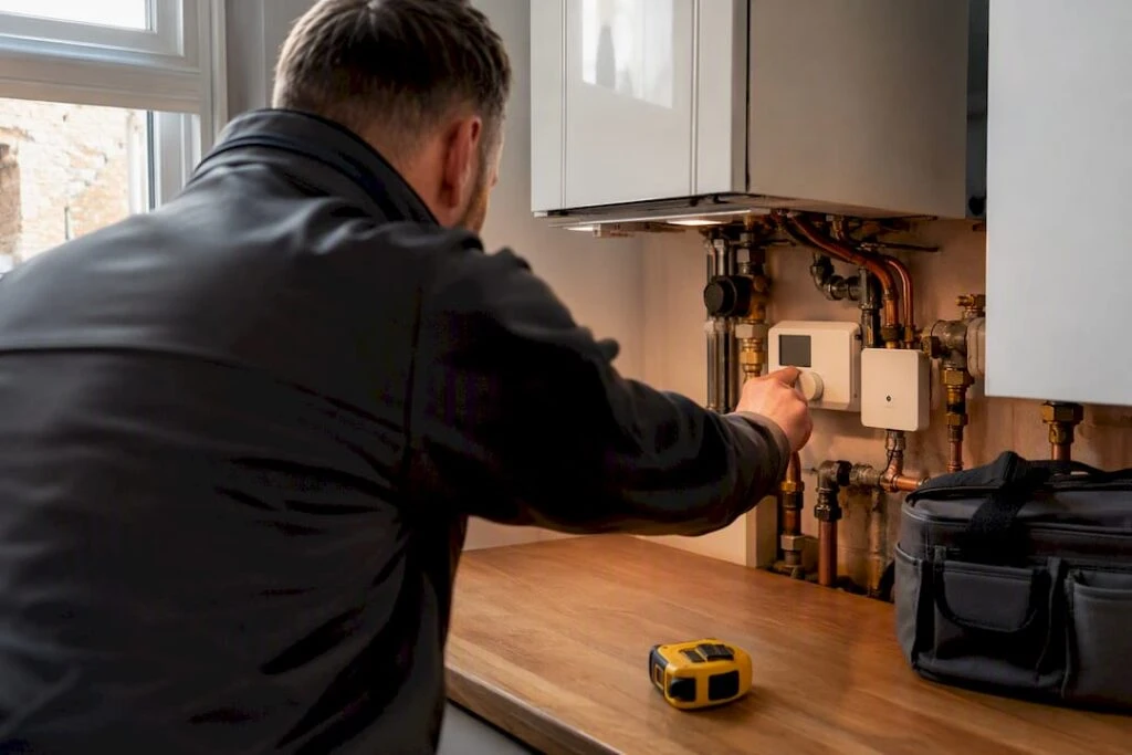 Energy assessor checking rental heating system