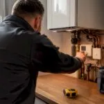 Energy assessor checking rental heating system