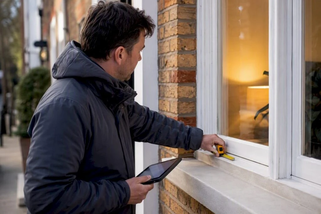 Assessor inspecting London rental property window