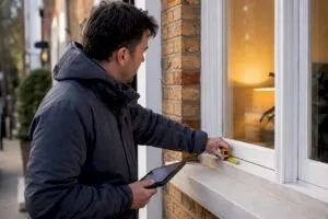 Assessor inspecting London rental property window