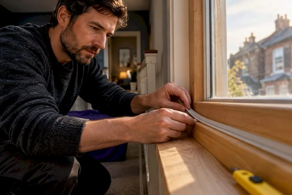 Hands fitting draught proofing to window