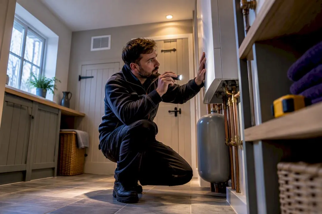 Assessor inspecting holiday cottage heating system