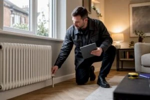 EPC assessor inspecting radiator and window