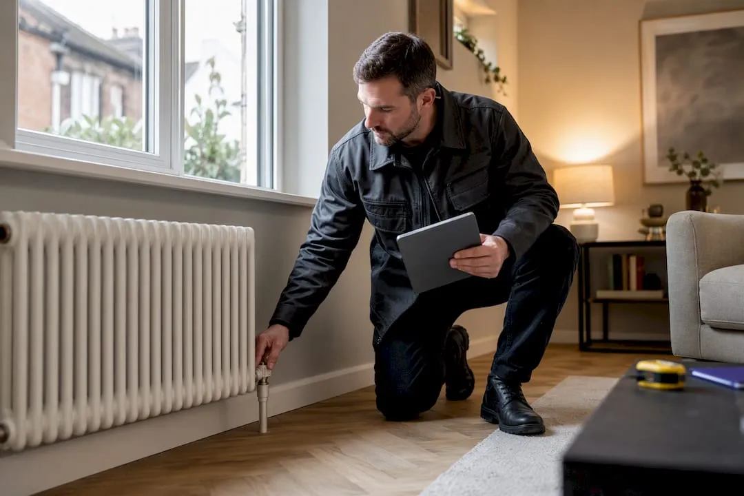 EPC assessor inspecting radiator and window