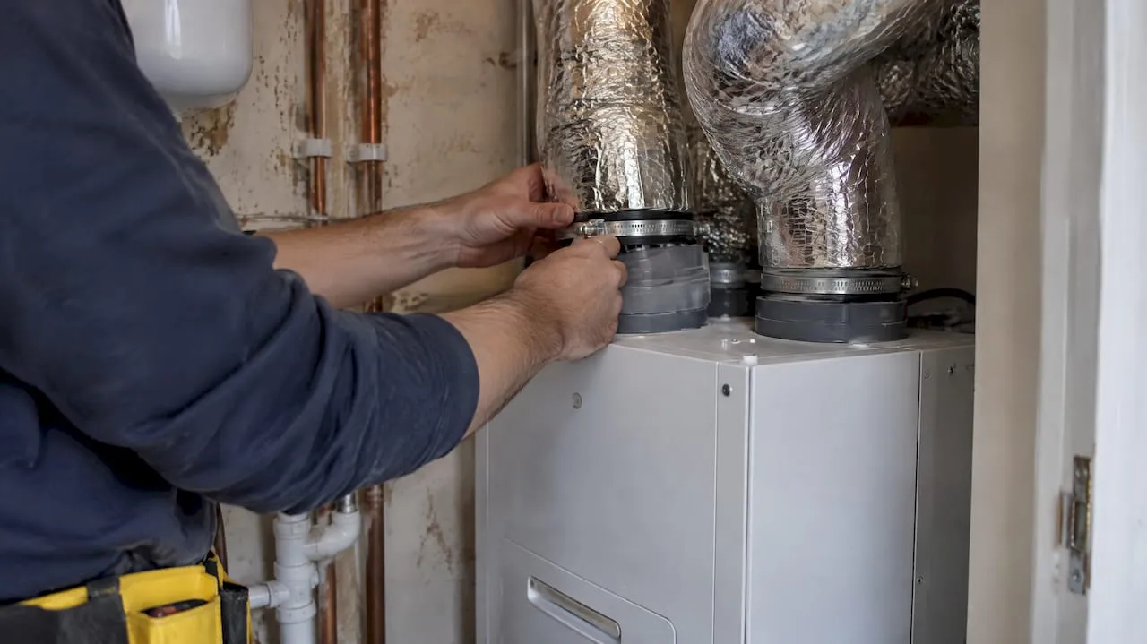 Installer connecting MVHR ventilation ductwork