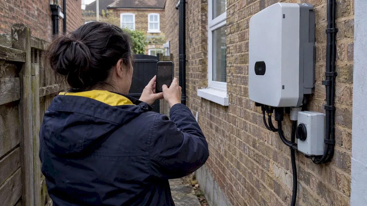 Homeowner photographing a solar inverter installation