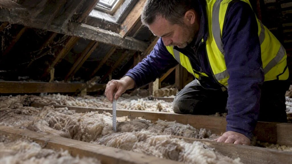 Installer checking insulation depth in a London loft