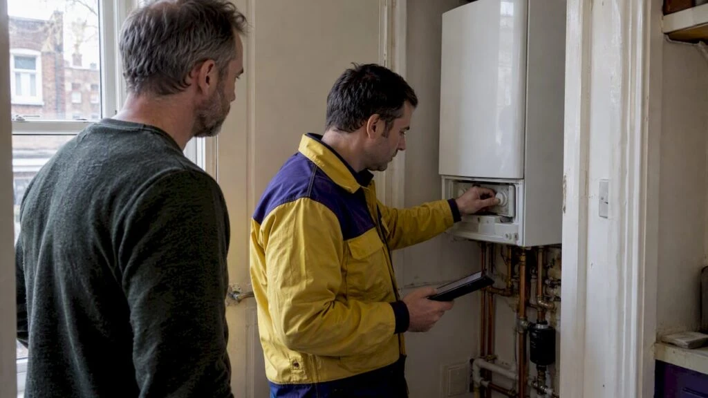 Assessor inspecting a rental property's boiler