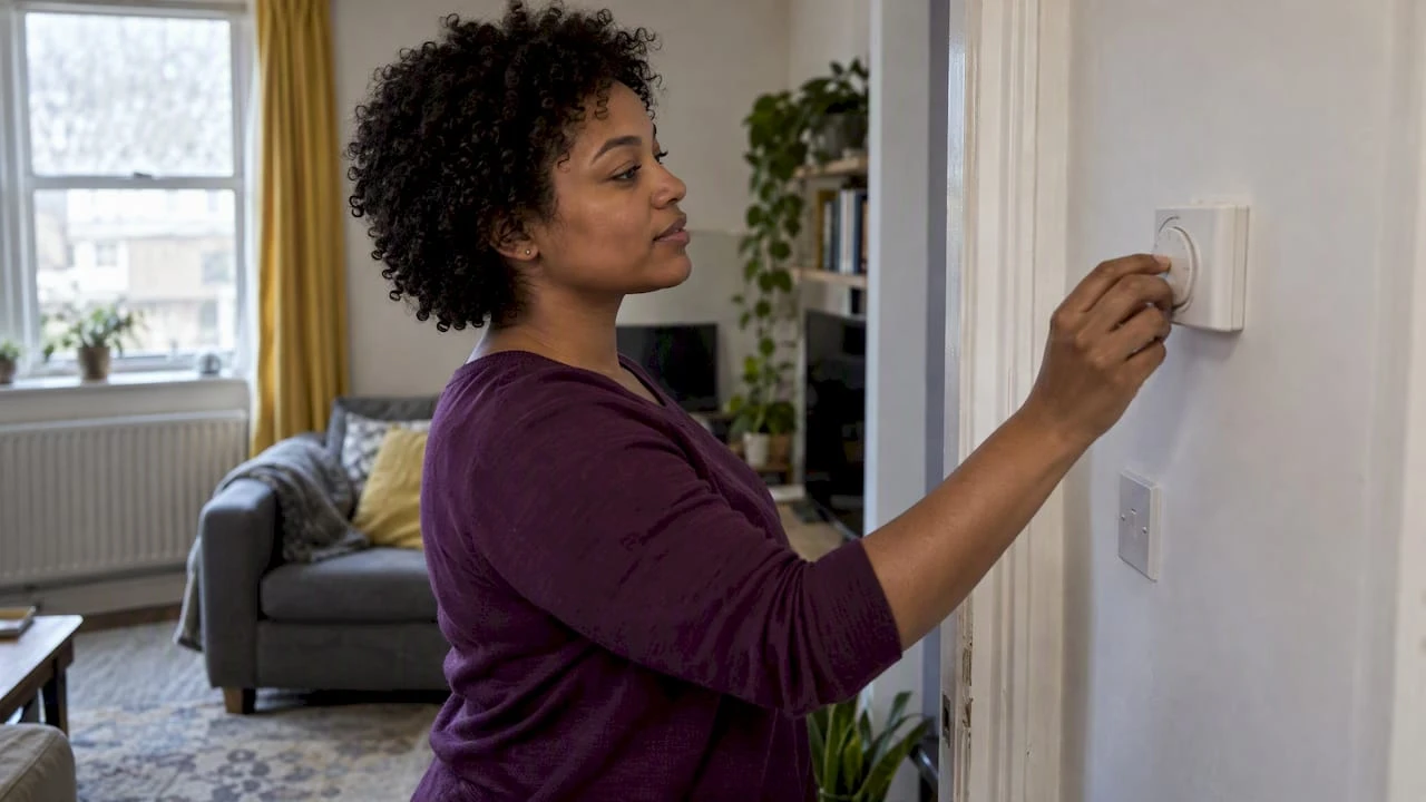 Resident lowering a London flat thermostat