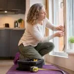 Woman draught-proofing home window