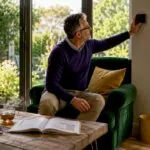 Man adjusting home thermostat for energy saving