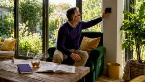 Man adjusting home thermostat for energy saving
