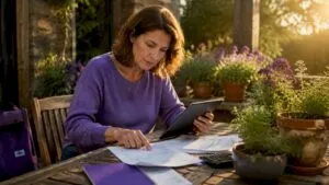 Woman reviewing home energy bills at kitchen table