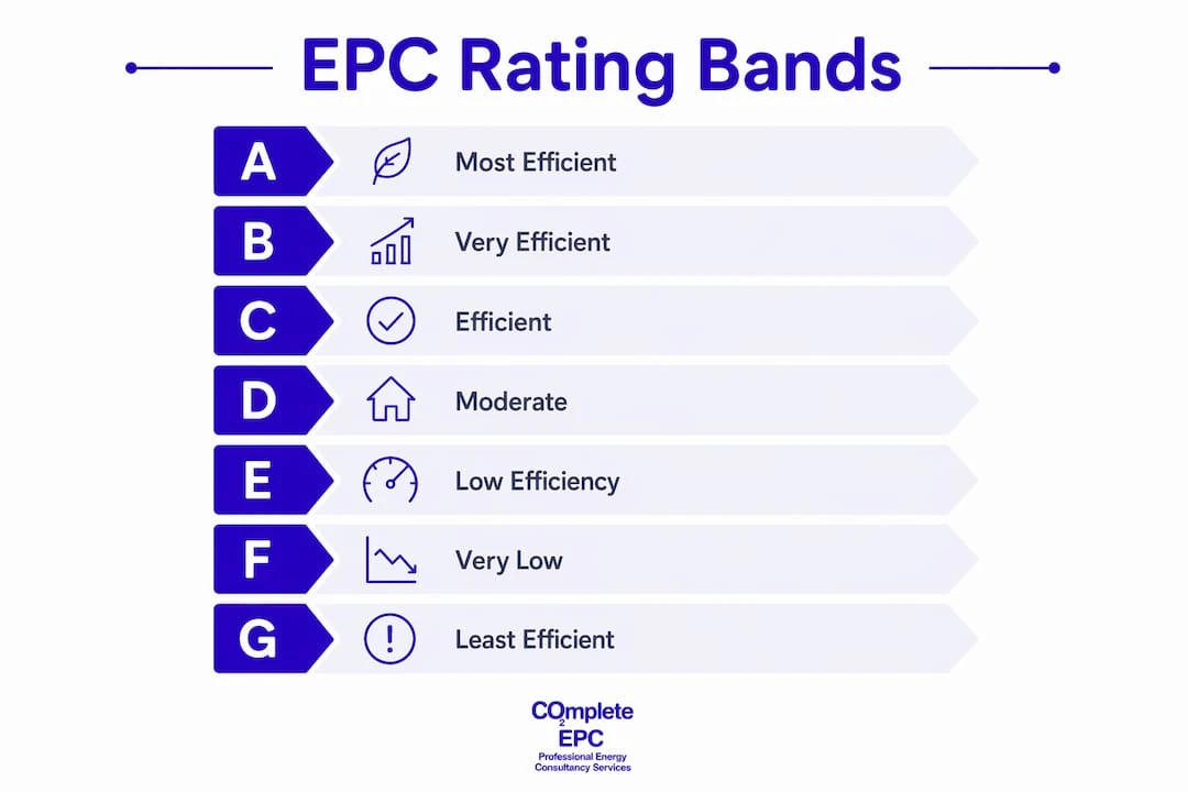 Infographic displaying EPC rating bands hierarchy from A to G