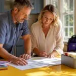 Couple reviewing home energy upgrade plan at table