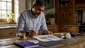 Landlord reviewing energy performance certificate at home
