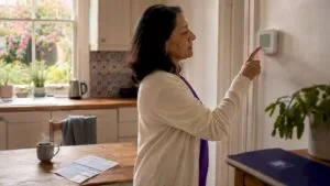 Woman adjusting thermostat in London home