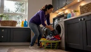 Woman doing energy-saving laundry routine in kitchen