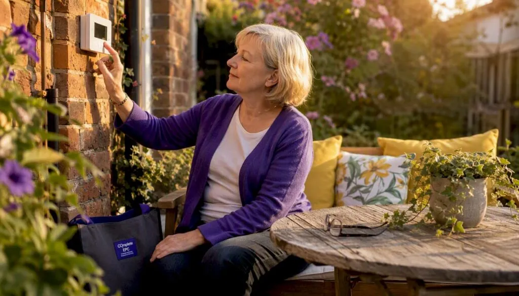 Senior woman adjusting thermostat at home