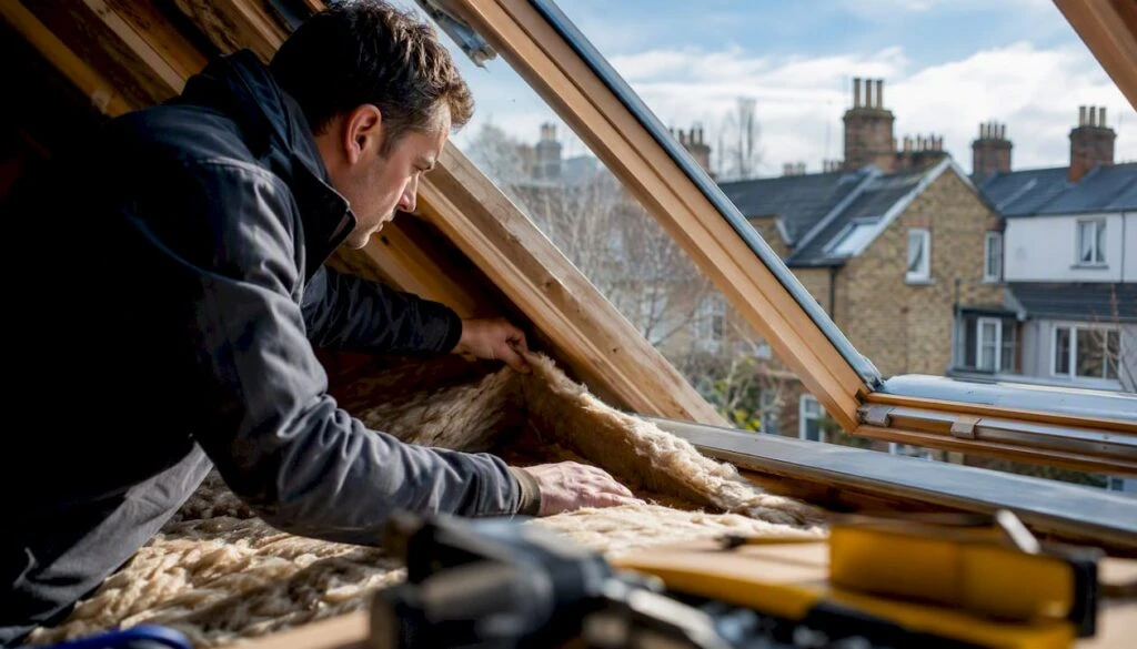 Energy assessor inspecting roof insulation