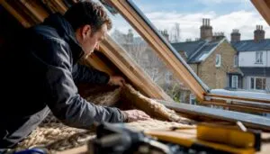 Energy assessor inspecting roof insulation
