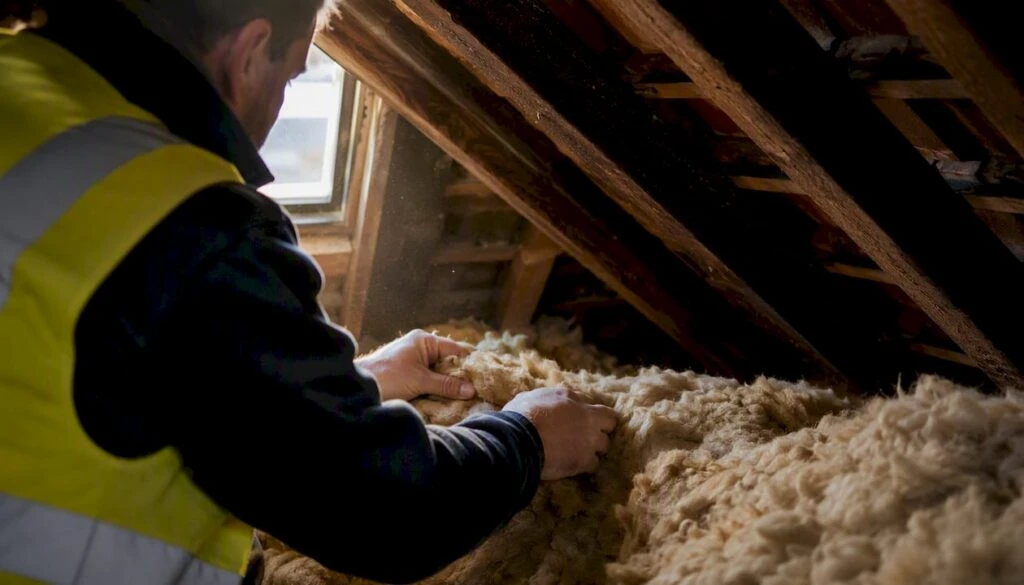 Energy assessor inspecting loft insulation