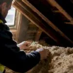Energy assessor inspecting loft insulation