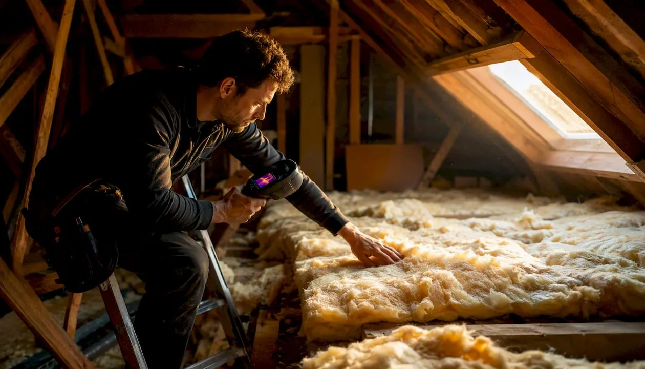 Energy assessor checking loft insulation