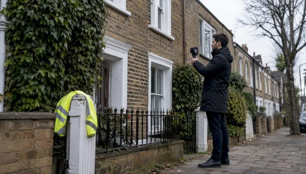 Energy assessor measuring property exterior