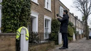 Energy assessor measuring property exterior