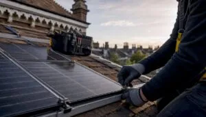 Hands installing solar panels on roof