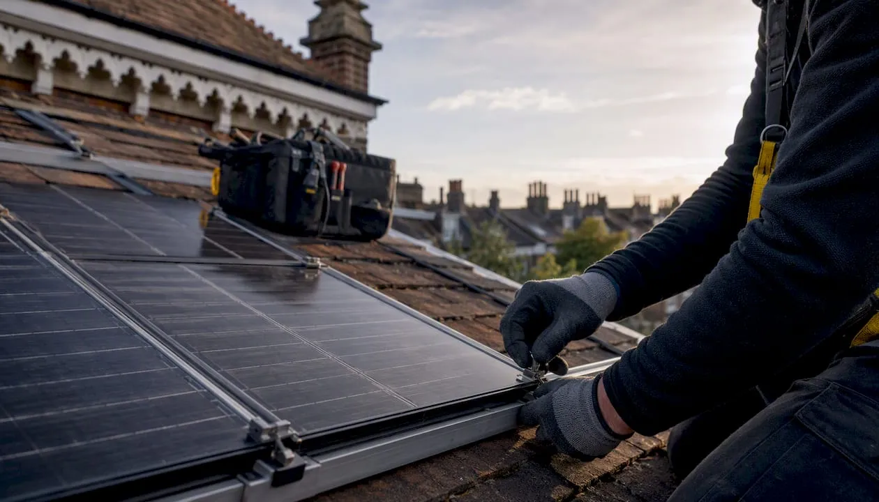 Hands installing solar panels on roof