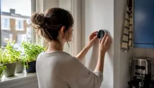 Hands adjusting thermostat in home