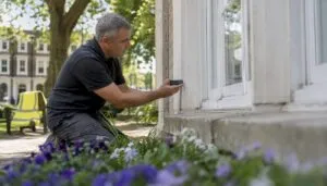 Energy assessor measuring building exterior