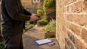 Energy assessor measuring building exterior
