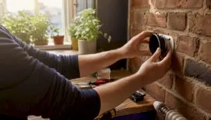 Hands installing energy-efficient thermostat indoors