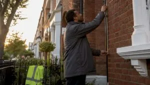 Energy assessor measuring residential brick wall