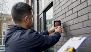 Hands measuring house wall exterior in London