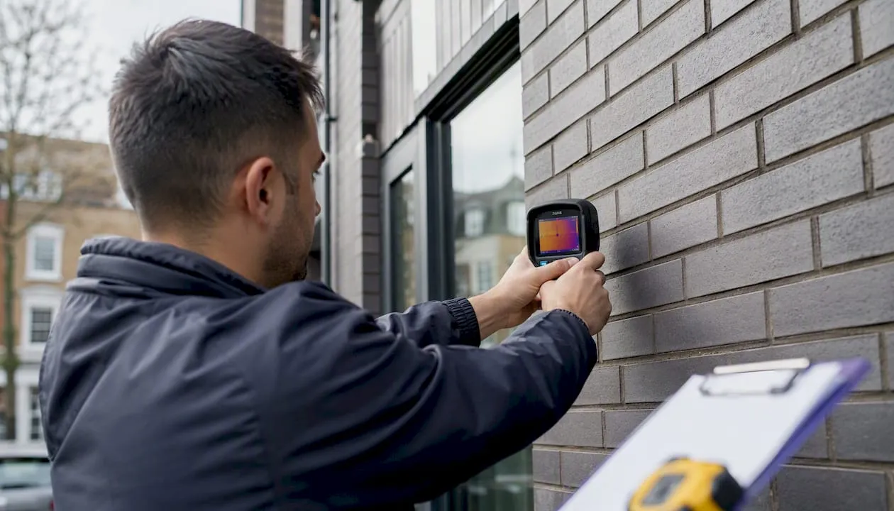 Hands measuring house wall exterior in London