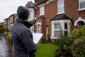 Energy assessor measuring house wall for EPC survey