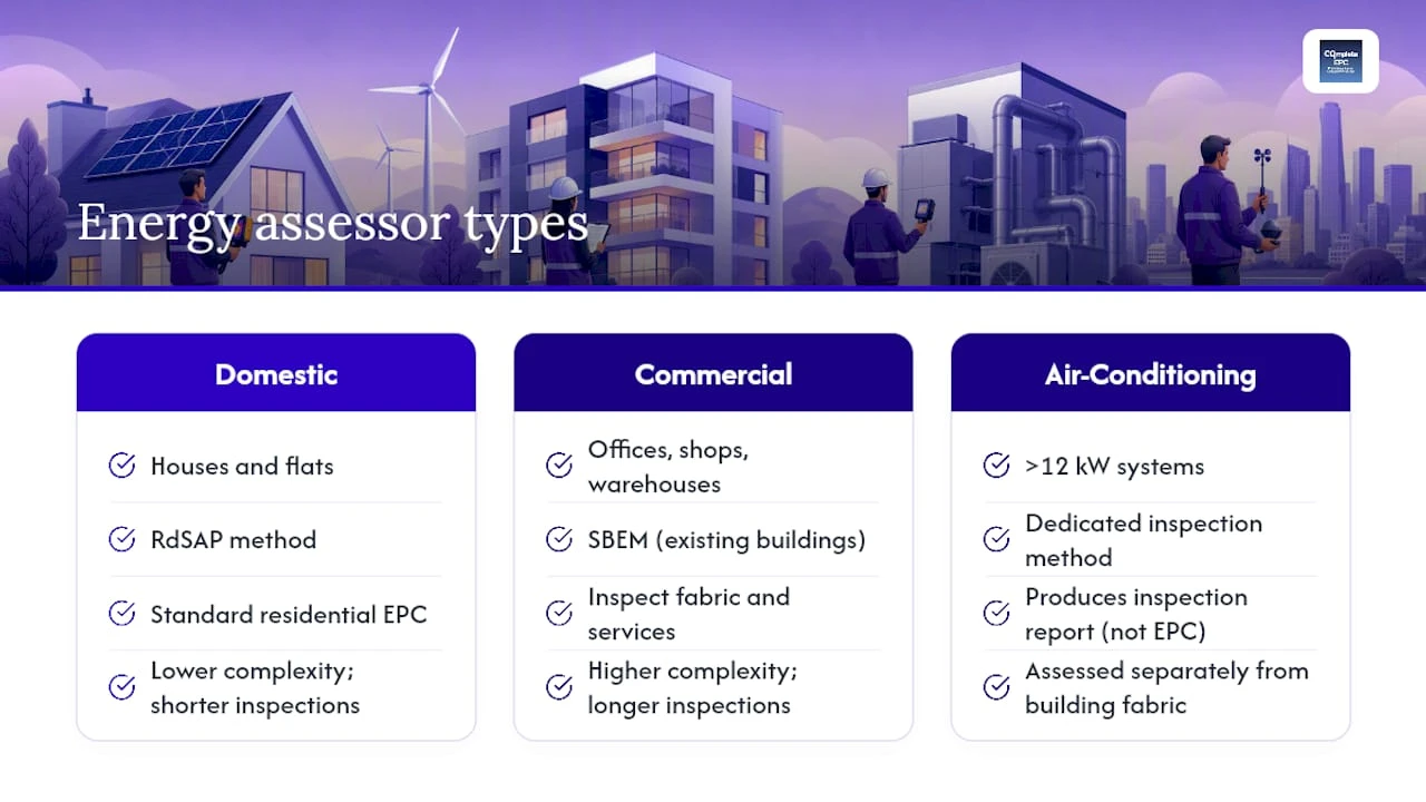 Diagram comparing types of energy assessors and their roles